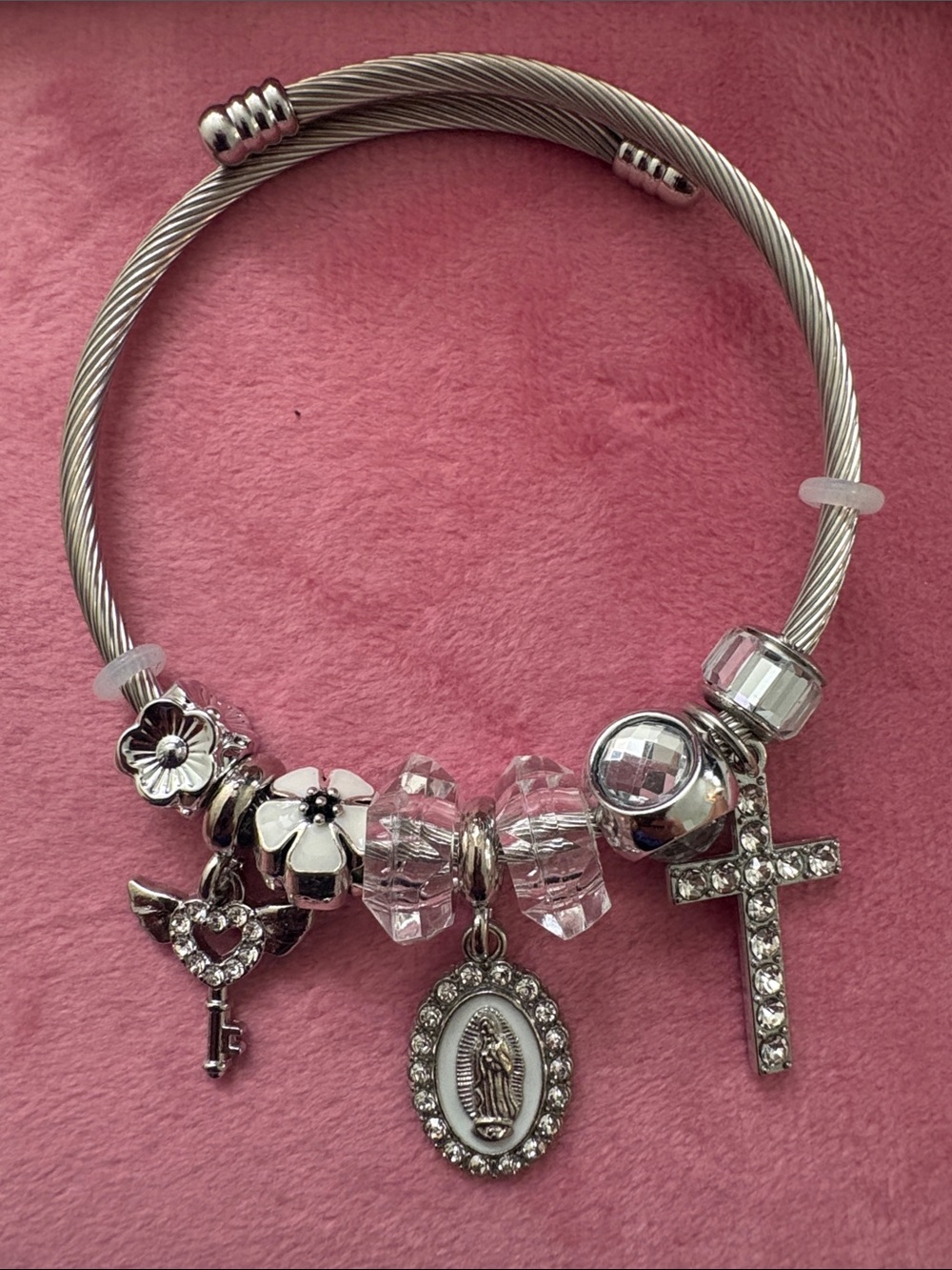 Silver Charm Bangle Bracelet with Cross and Religious Medallion